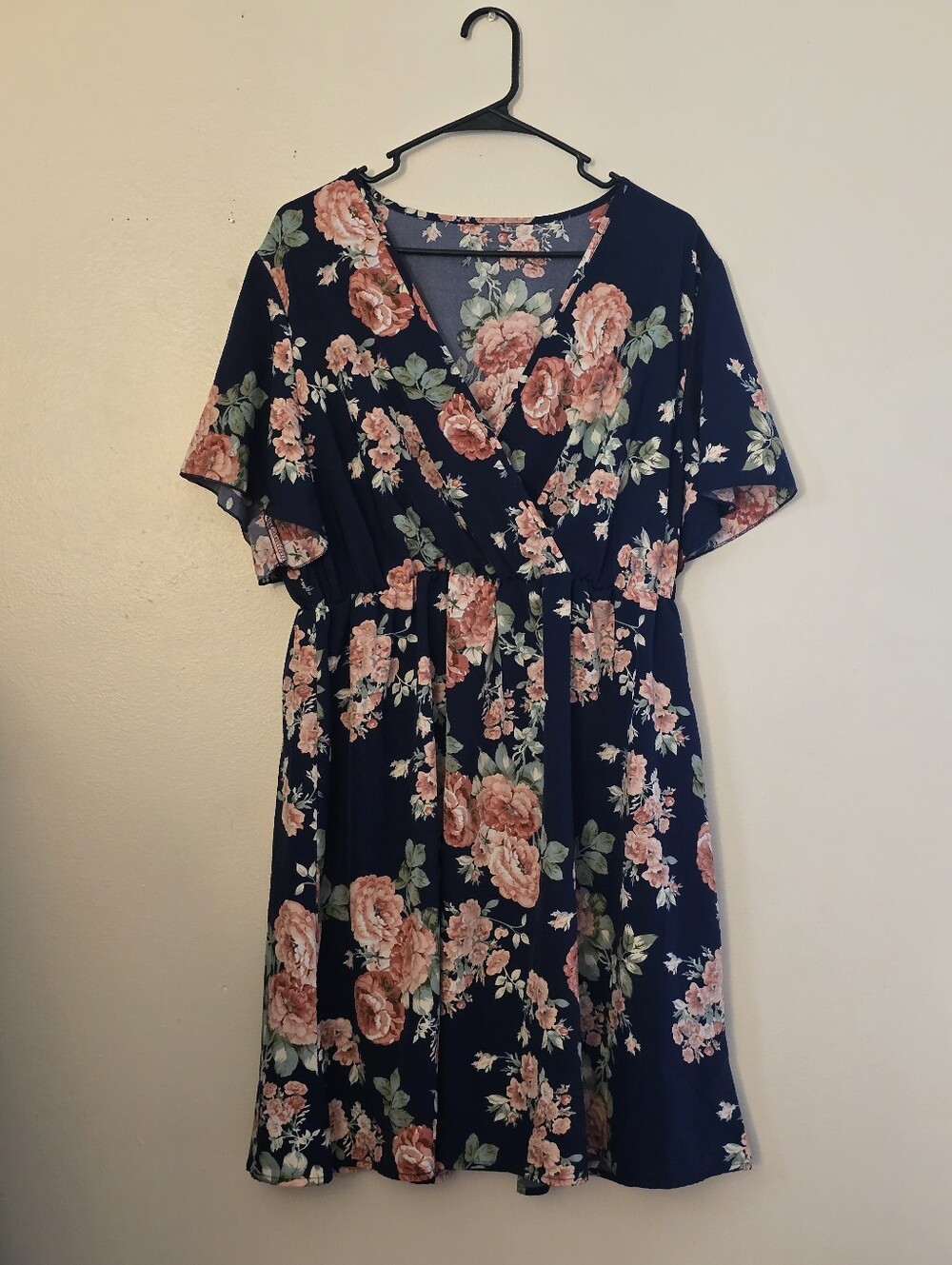 Floral Wrap-Front Navy Dress with Pink Rose Print